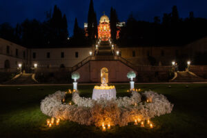 Italian Wedding elegant detail Villa Selvatico night cake setup flowers candles