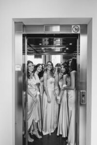 Italian Wedding Villa Selvatico elegant bridesmaid elevator black and white