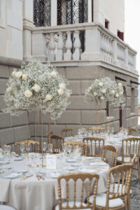 Italian white wedding at Villa Selvatico setup flowers table