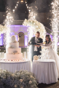 Italian Wedding Villa Selvatico elegant cake setup flower arch