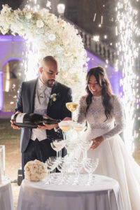 Italian Wedding Villa Selvatico elegant cake setup champagne tower