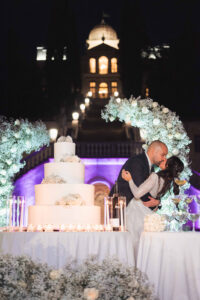 Italian Wedding Villa Selvatico elegant cake setup flower arch champagne tower